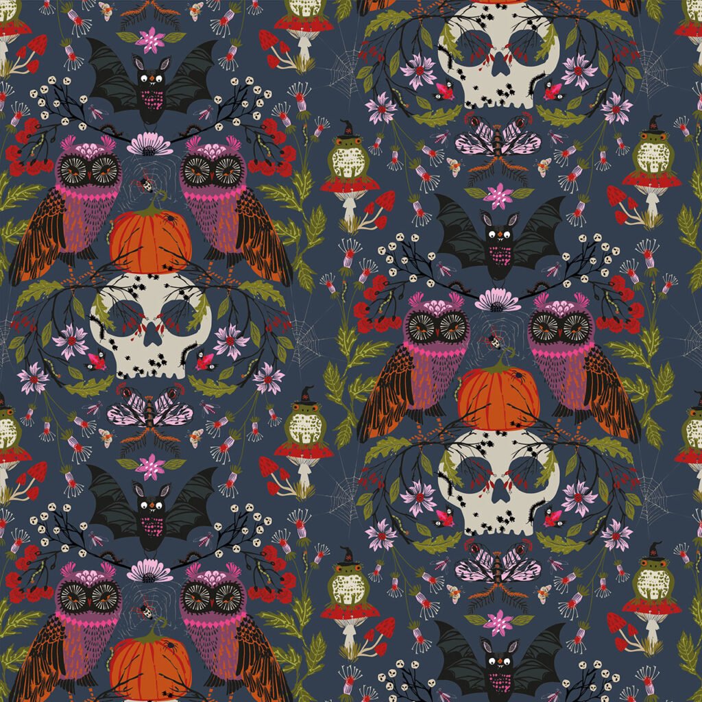 Fabric design showing skulls and owls for Halloween