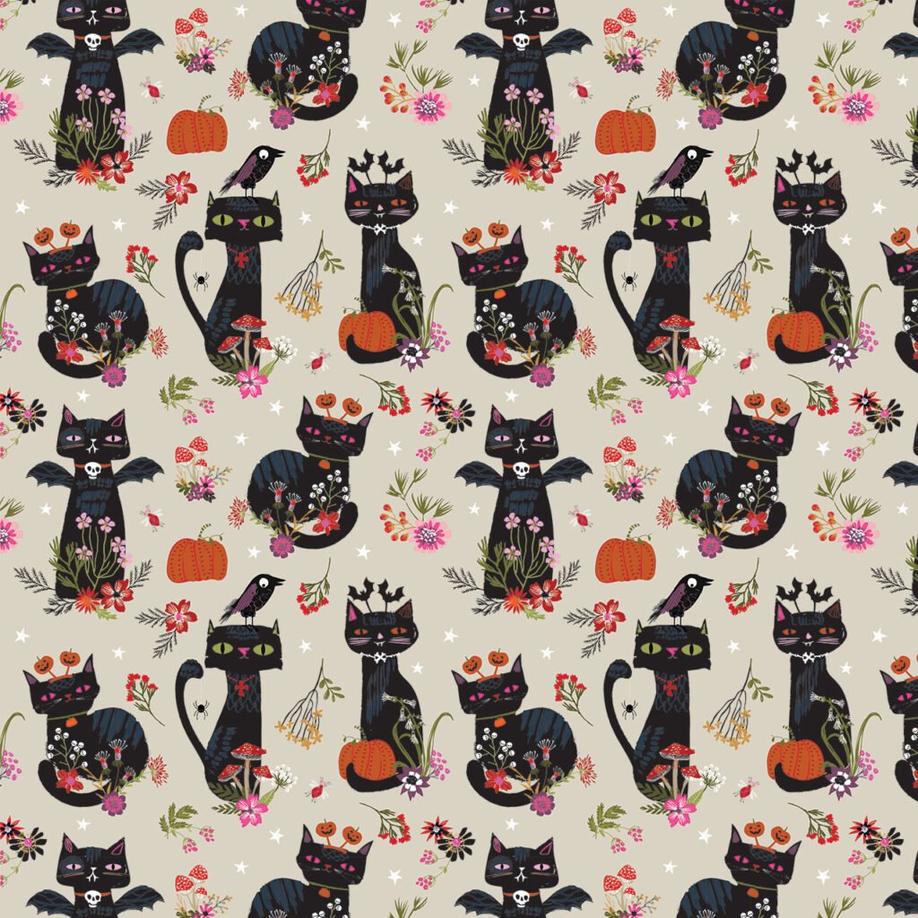 Fabric design showing Halloween black cats