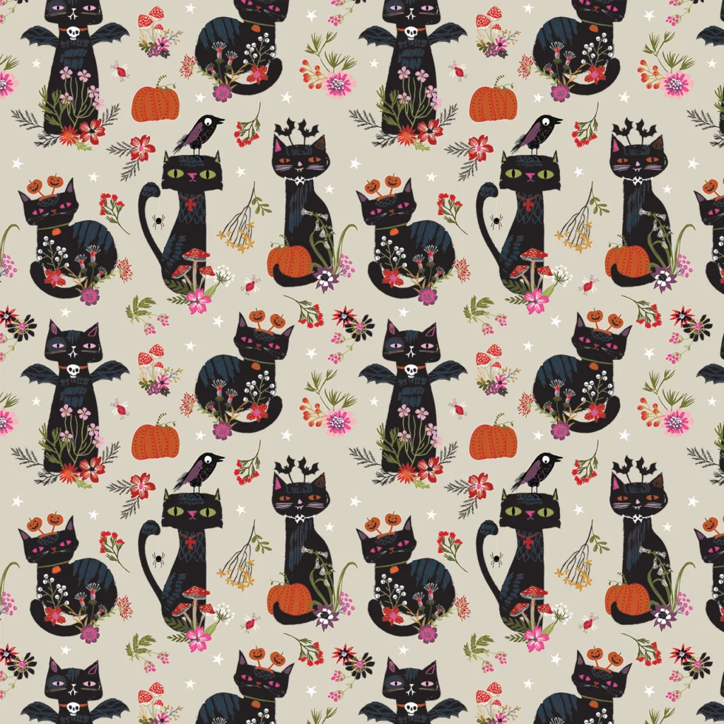Fabric design showing Halloween black cats