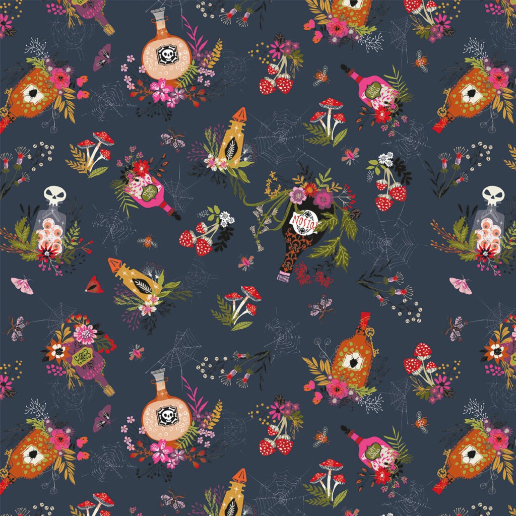 Fabric design showing bottles containing potions and poison