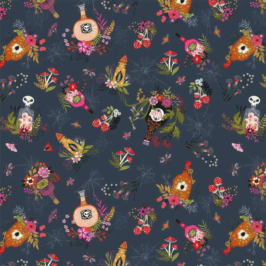 Fabric design showing bottles containing potions and poison