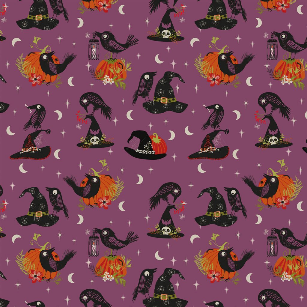 Fabric design showing witch's hats and ravens