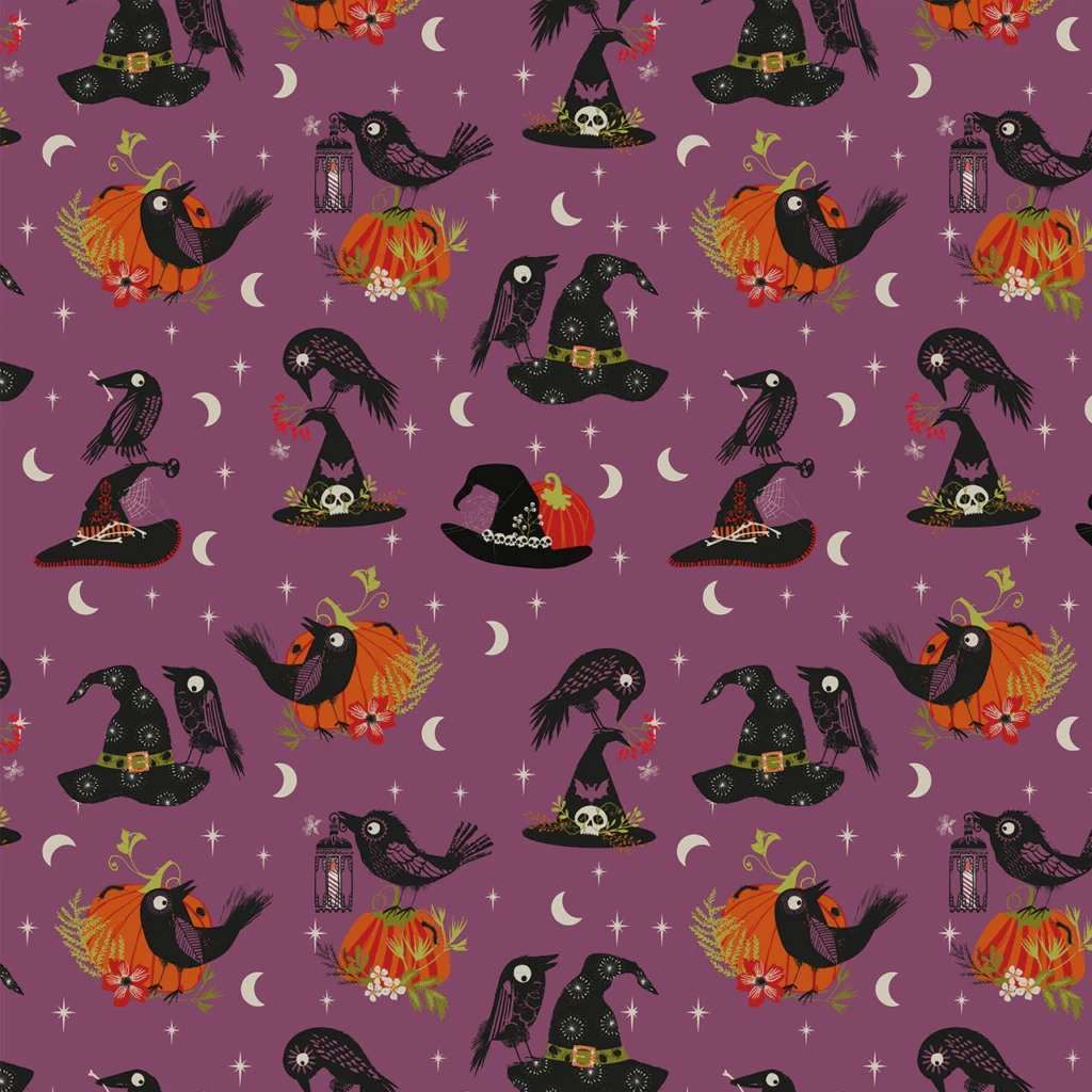Fabric design showing witch's hats and ravens