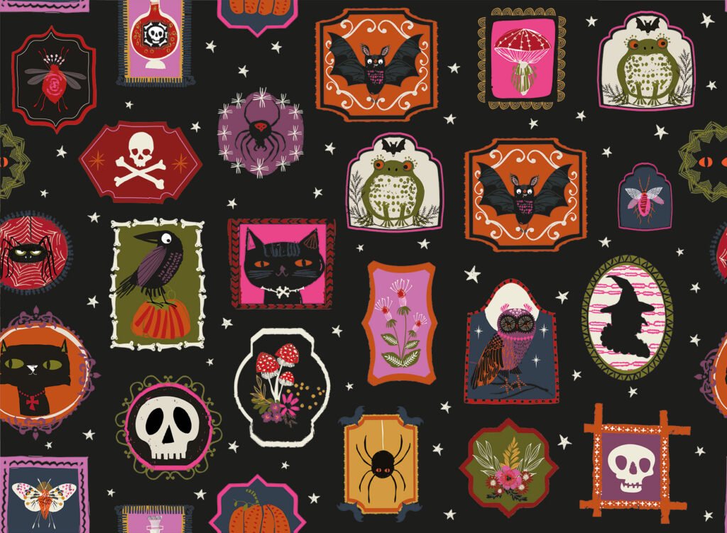 Fabric design showing Halloween decorations