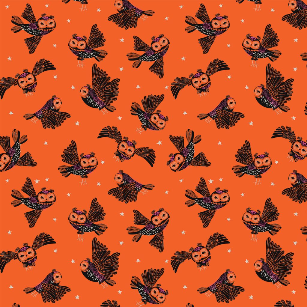 Fabric design showing flying owls on an orange background