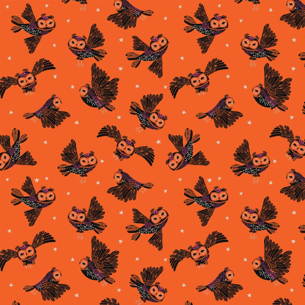 Fabric design showing flying owls on an orange background