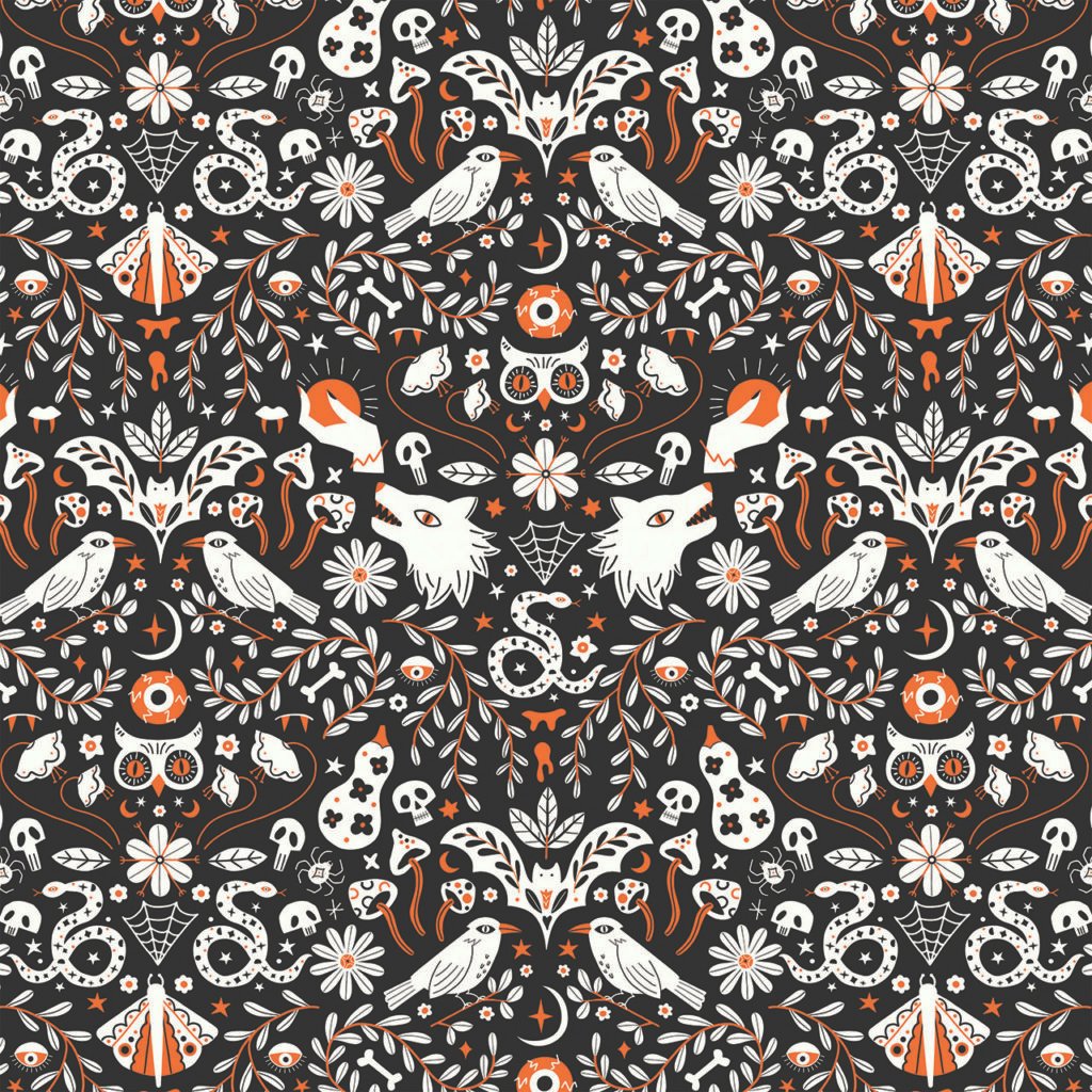 Fabric design showing Halloween Twilight, Dusk Wolves and Snakes