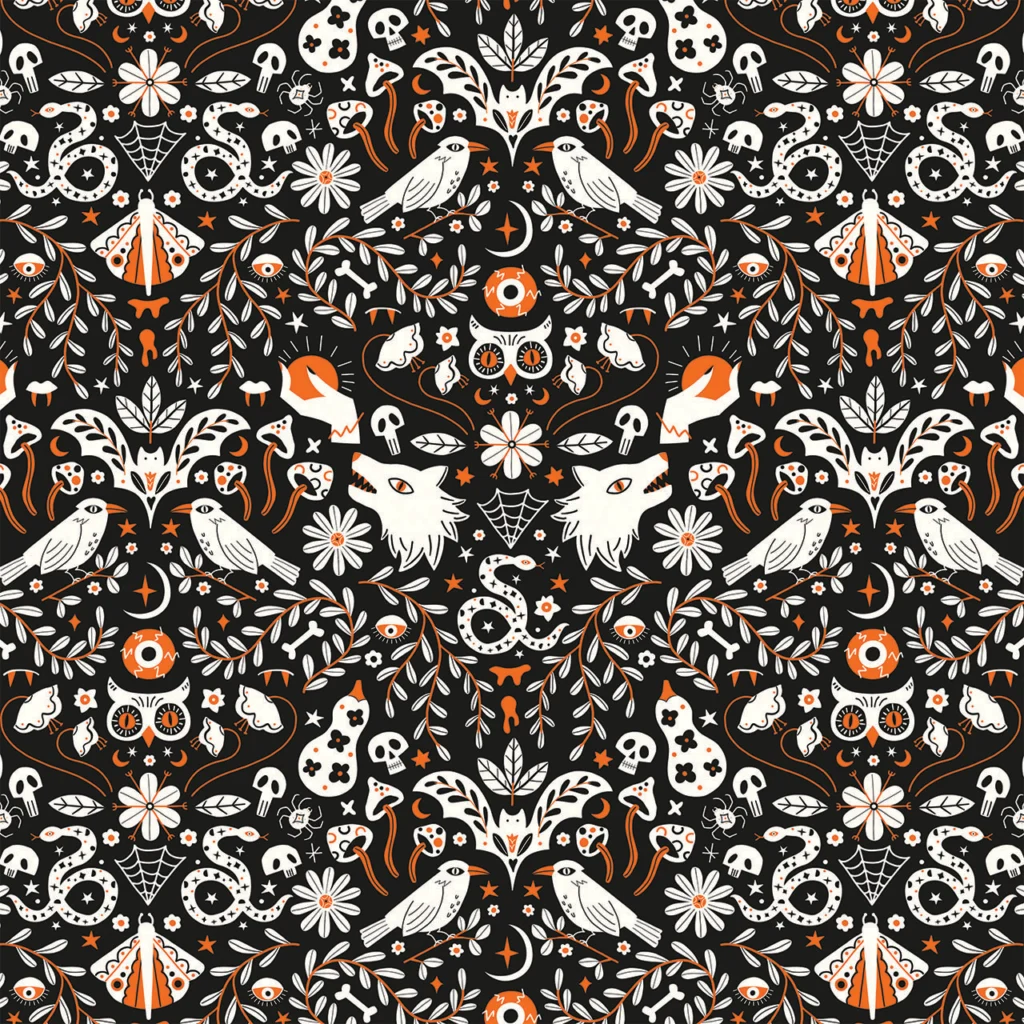Fabric design showing Halloween Twilight, Dusk Wolves and Snakes