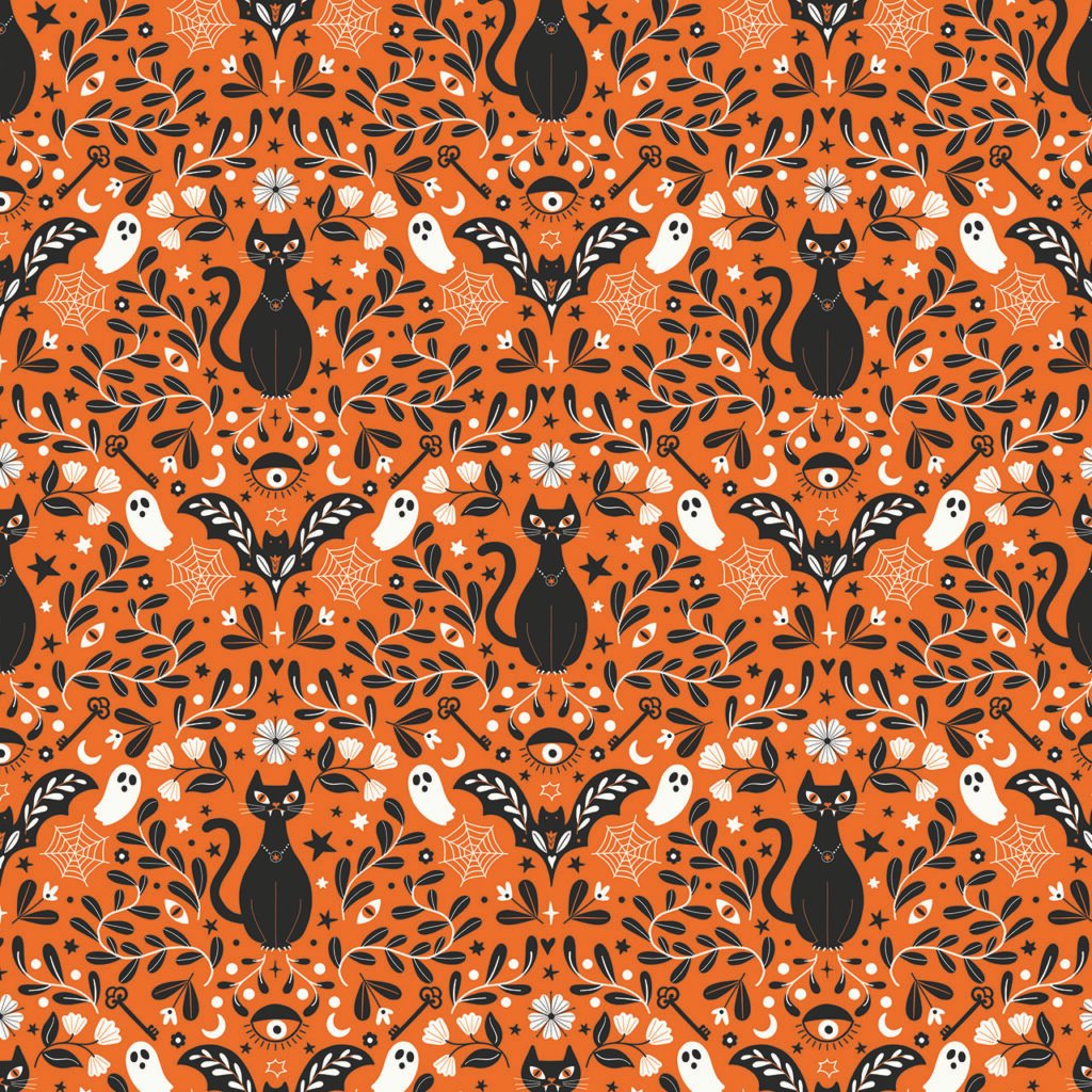 Fabric design showing Halloween Orange and Black Cats with Fangs