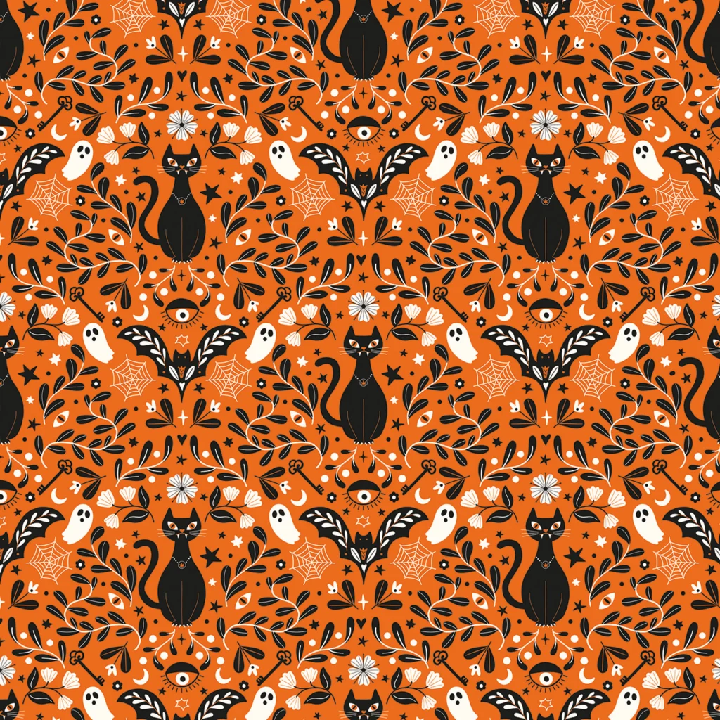 Fabric design showing Halloween Orange and Black Cats with Fangs