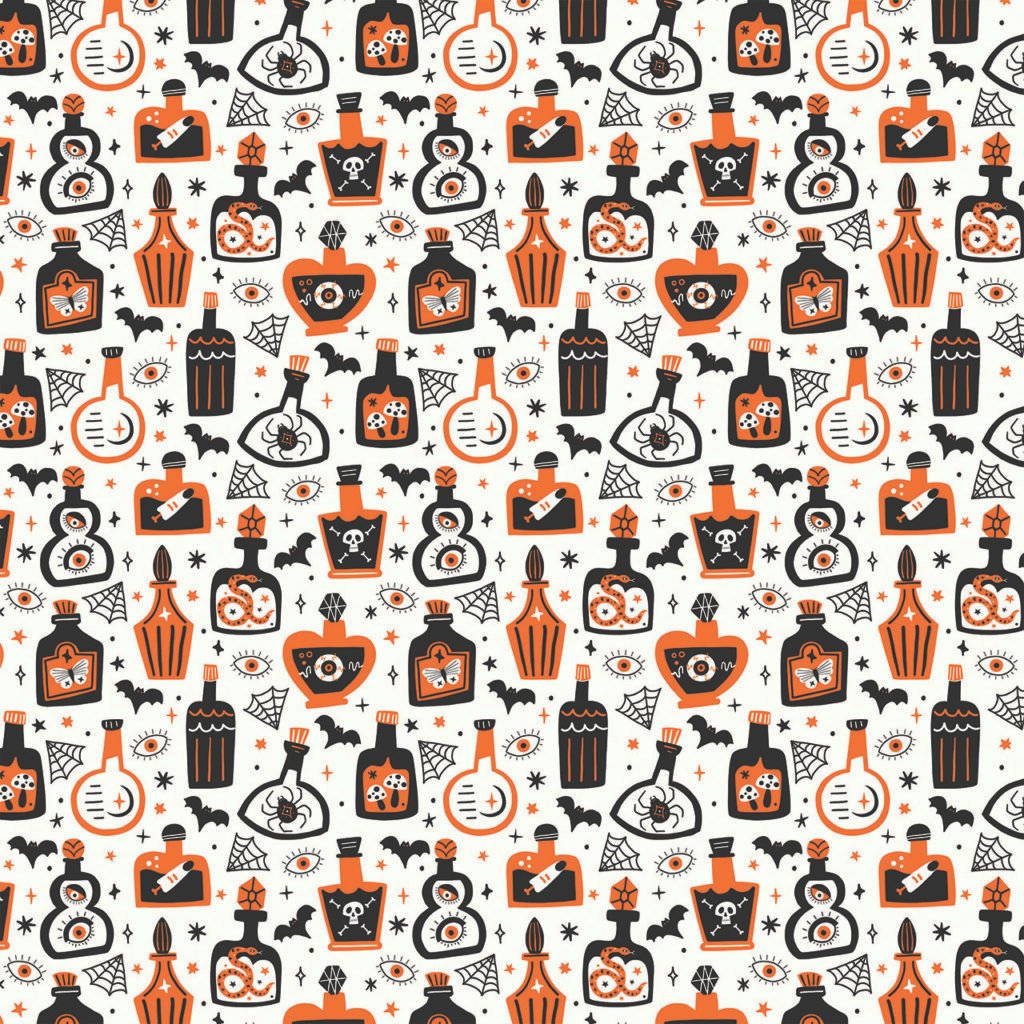 Fabric design showing Halloween Potion and Poison Bottles