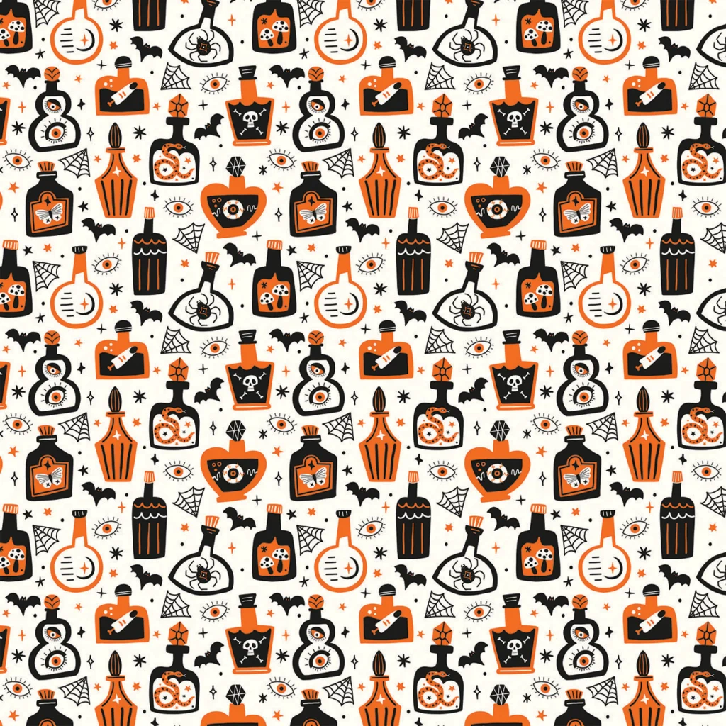 Fabric design showing Halloween Potion and Poison Bottles