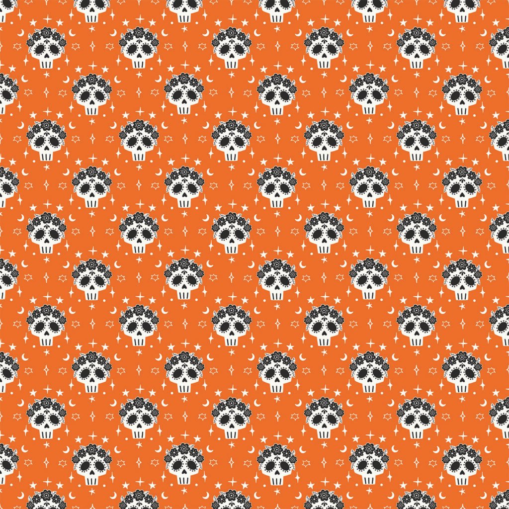 Fabric design showing Halloween Skulls on Orange Pumpkin