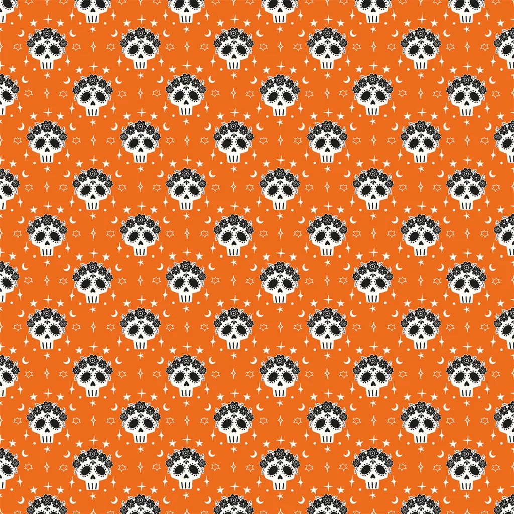 Fabric design showing Halloween Skulls on Orange Pumpkin