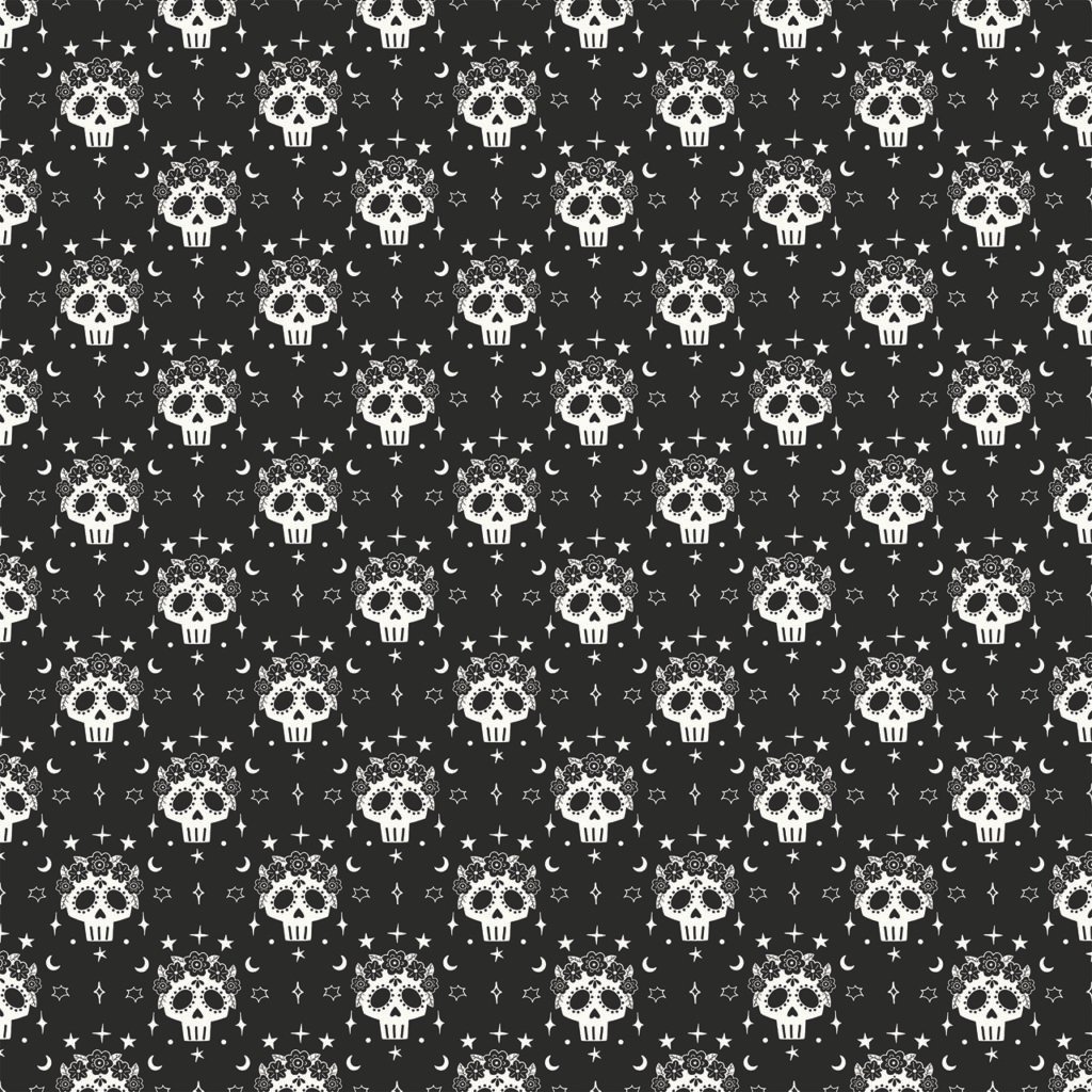 Fabric design showing Halloween Skulls on Black