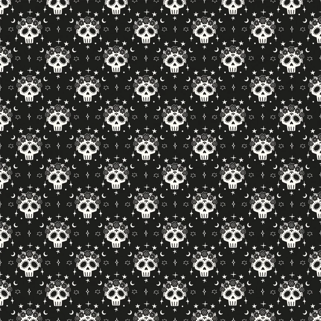Fabric design showing Halloween Skulls on Black