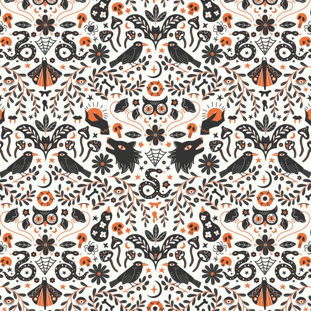 Fabric design showing Halloween Daylight, Dawn Wolves and Snakes