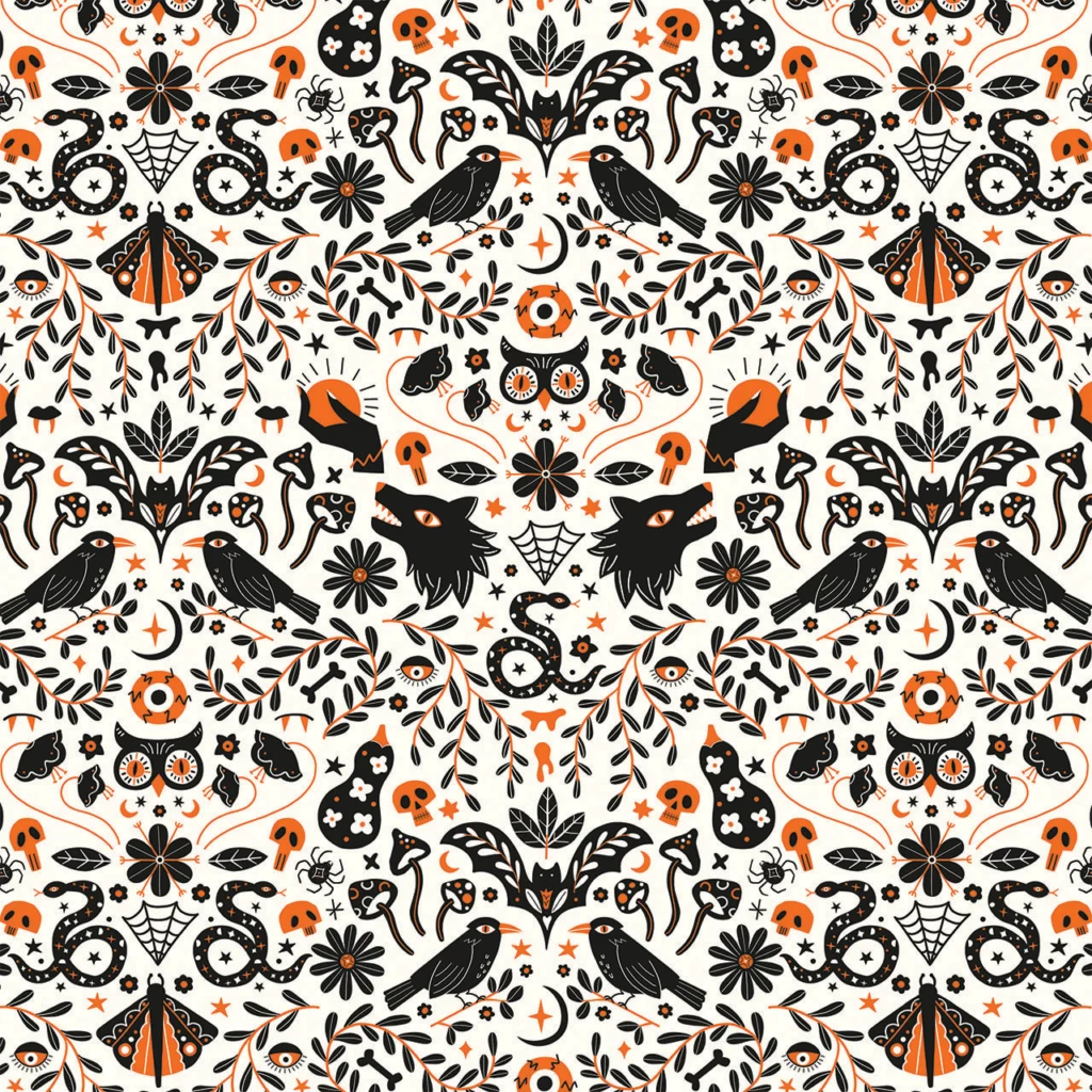 Fabric design showing Halloween Daylight, Dawn Wolves and Snakes