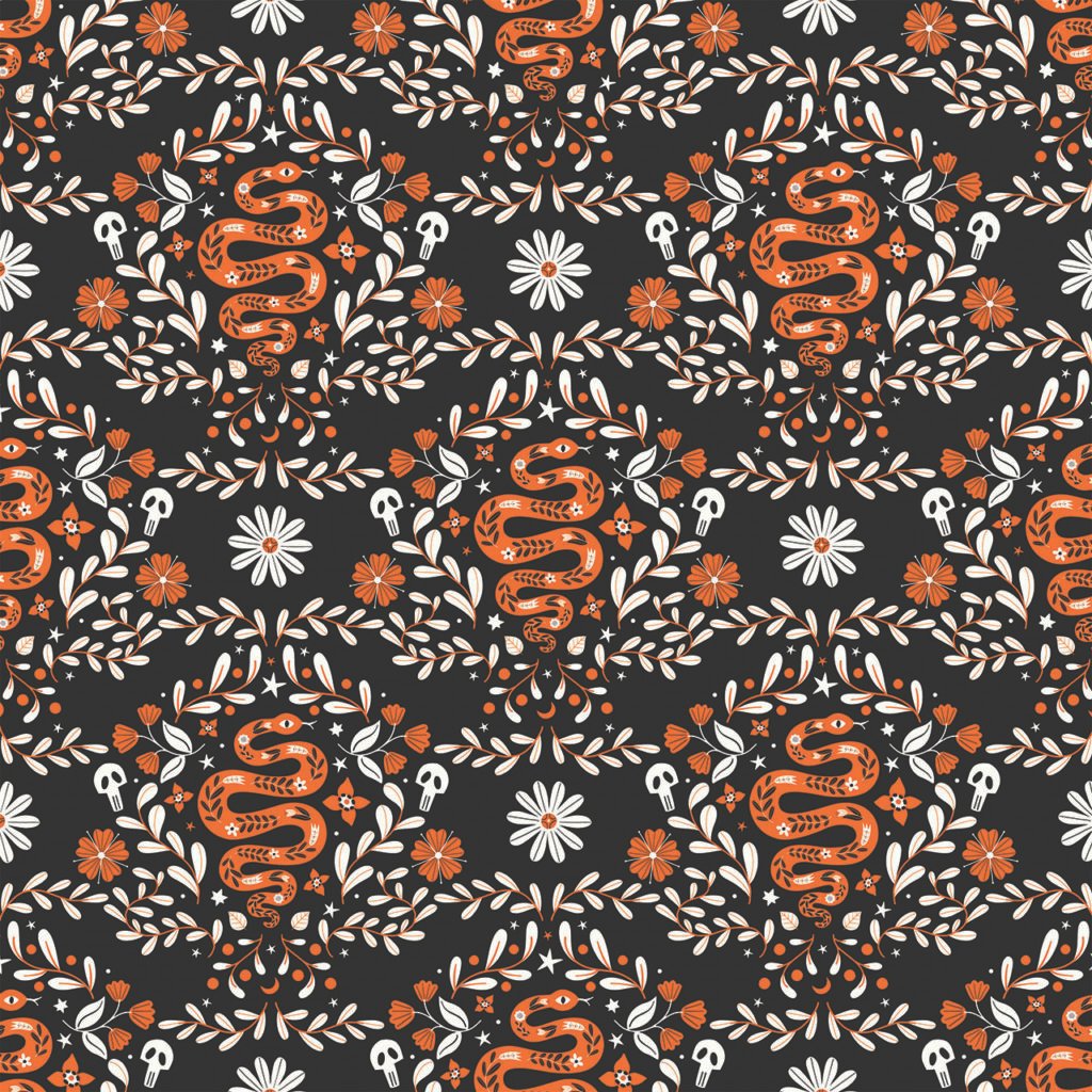 Fabric design showing Halloween Red Slithering Snakes
