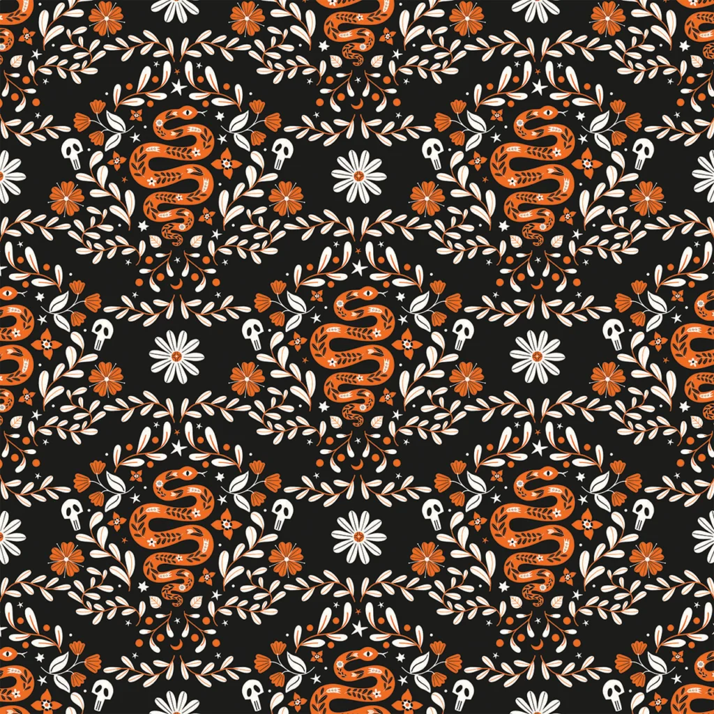 Fabric design showing Halloween Red Slithering Snakes