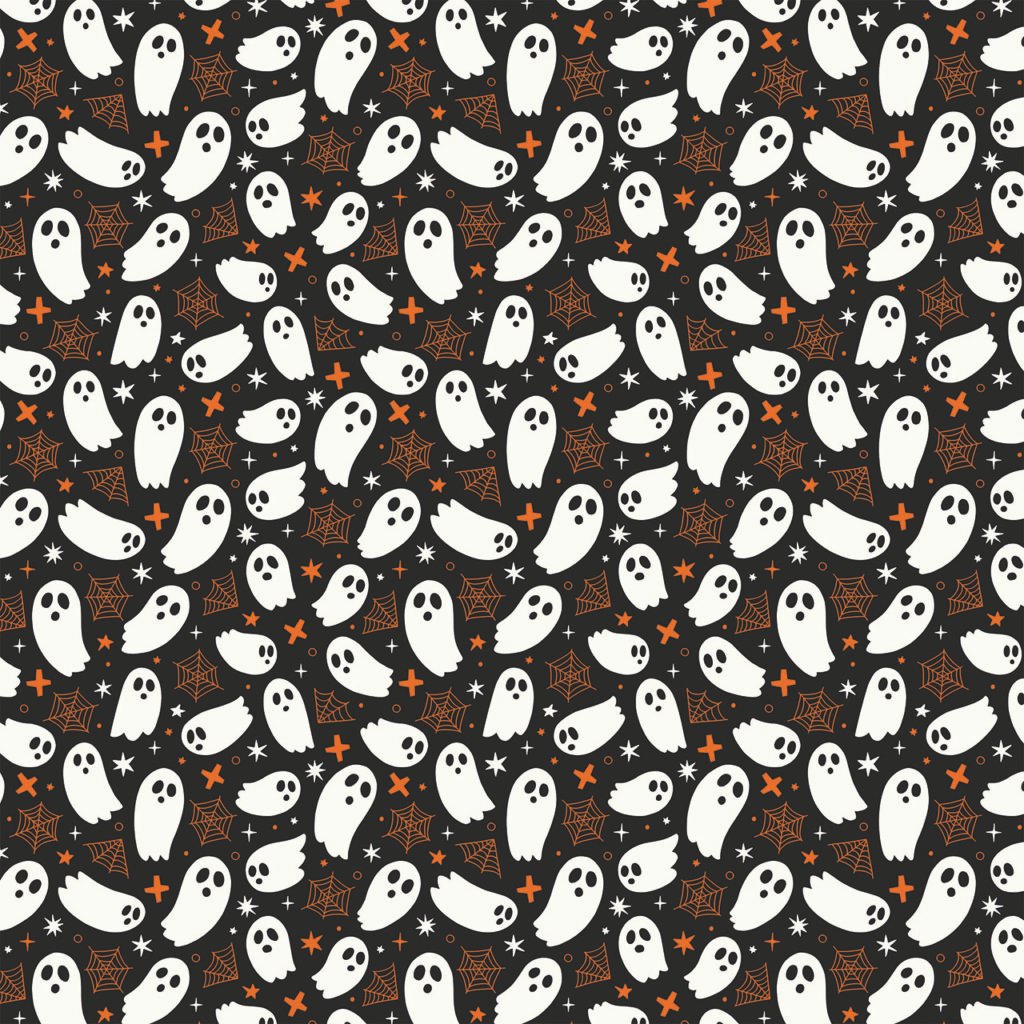 Fabric design showing Halloween White Ghosts on Black