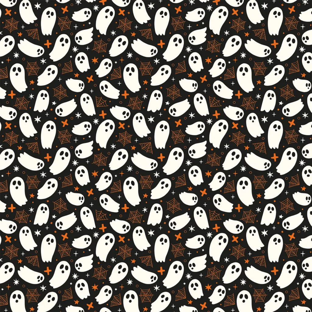 Fabric design showing Halloween White Ghosts on Black