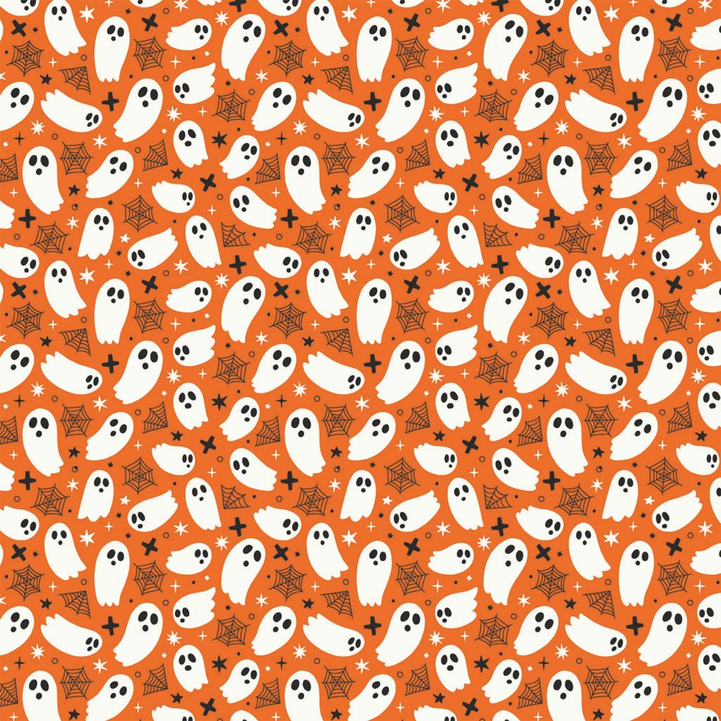 Fabric design showing Halloween White Ghosts on Orange Pumpkin