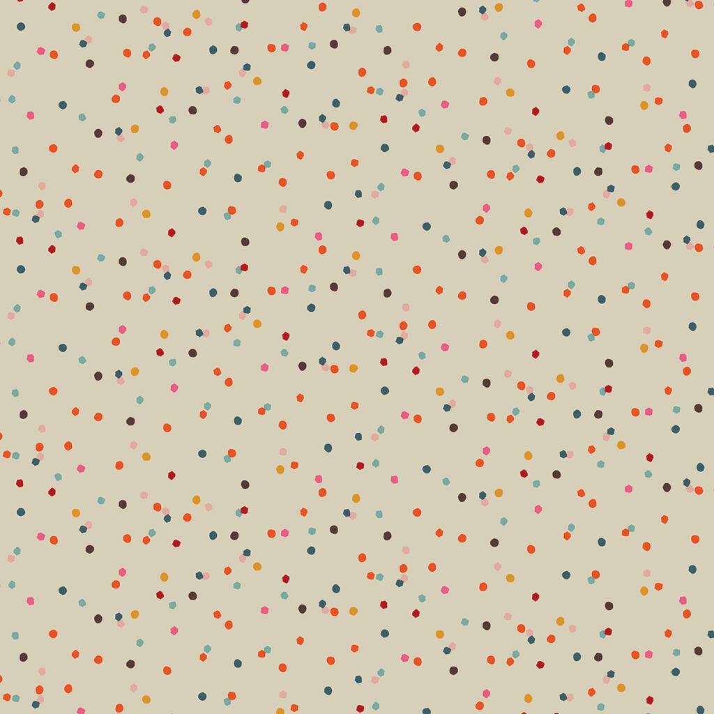 Colorful dots on a light beige background.