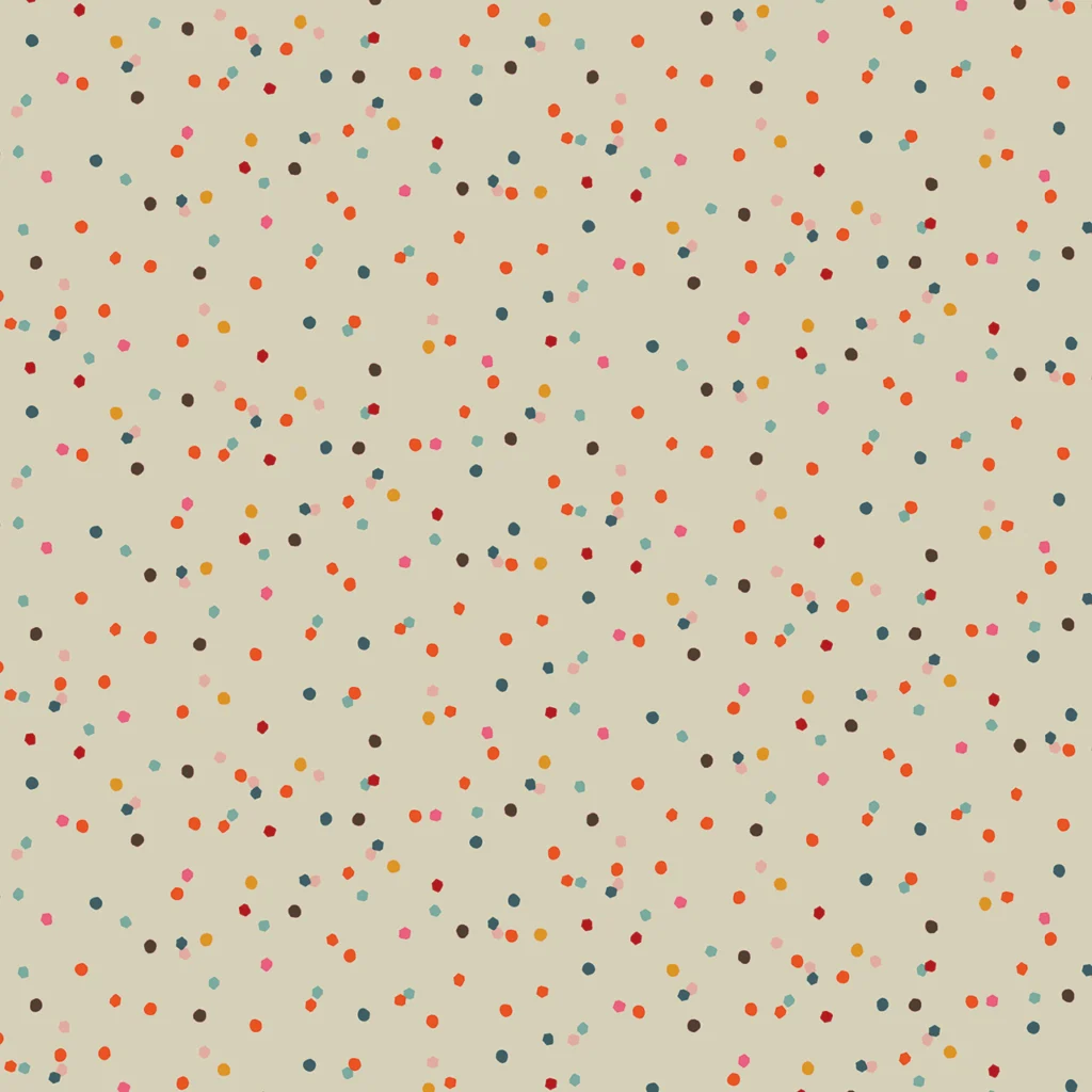 Colorful dots on a light beige background.
