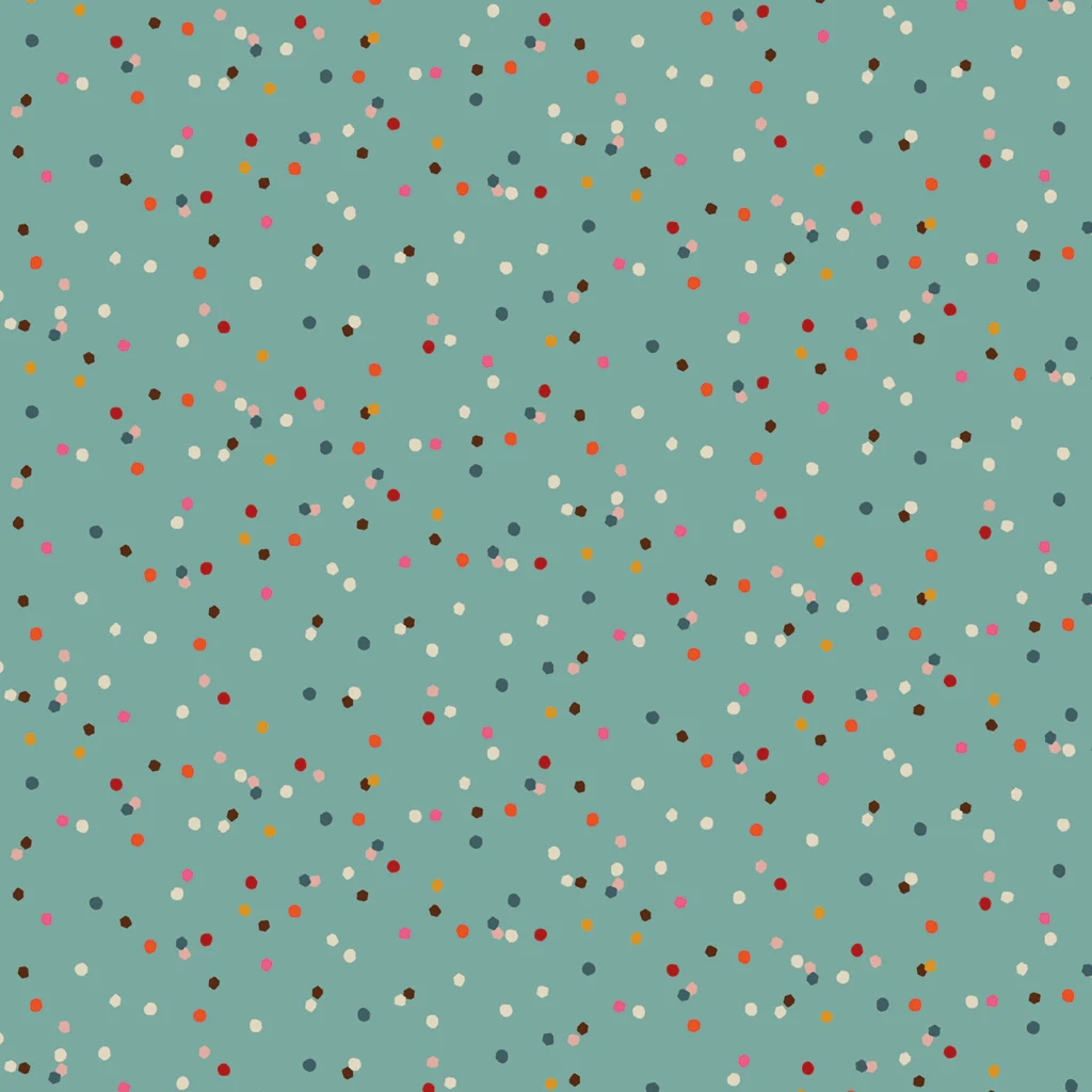 Colorful polka dot pattern on a teal background