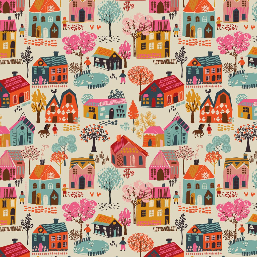 Colorful village scene with various houses and trees.