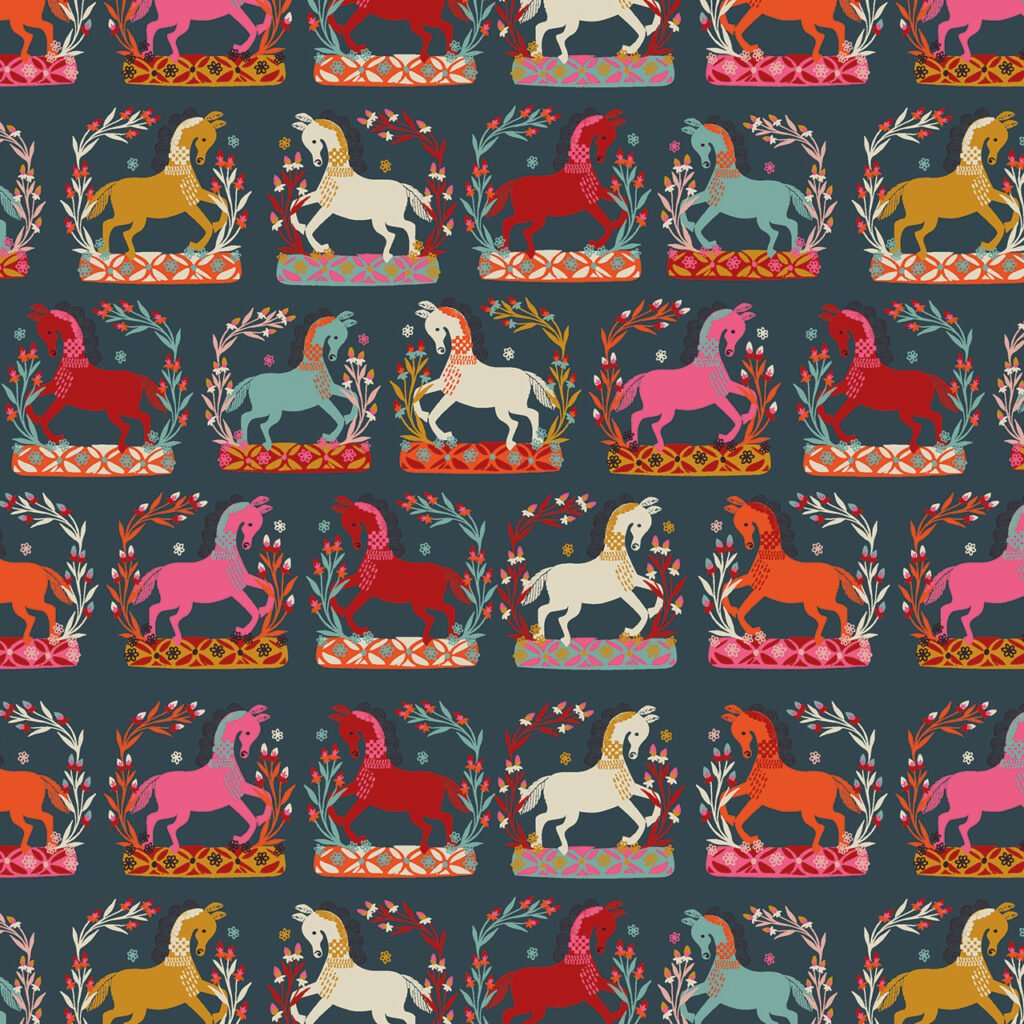 Colorful horse pattern with floral elements on dark background.