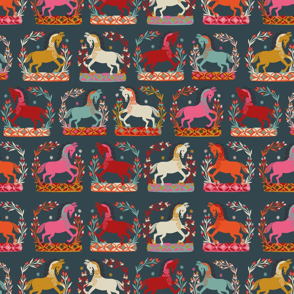 Colorful horse pattern with floral elements on dark background.