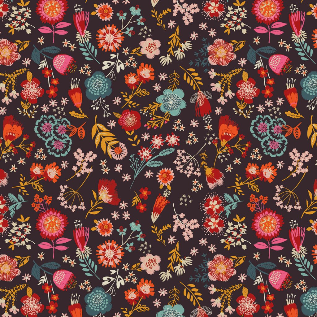 Colorful floral pattern on dark background with various flowers.