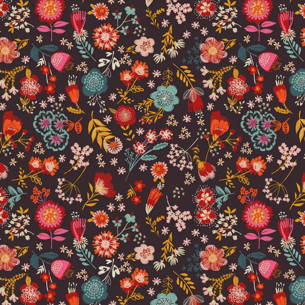 Colorful floral pattern on dark background with various flowers.