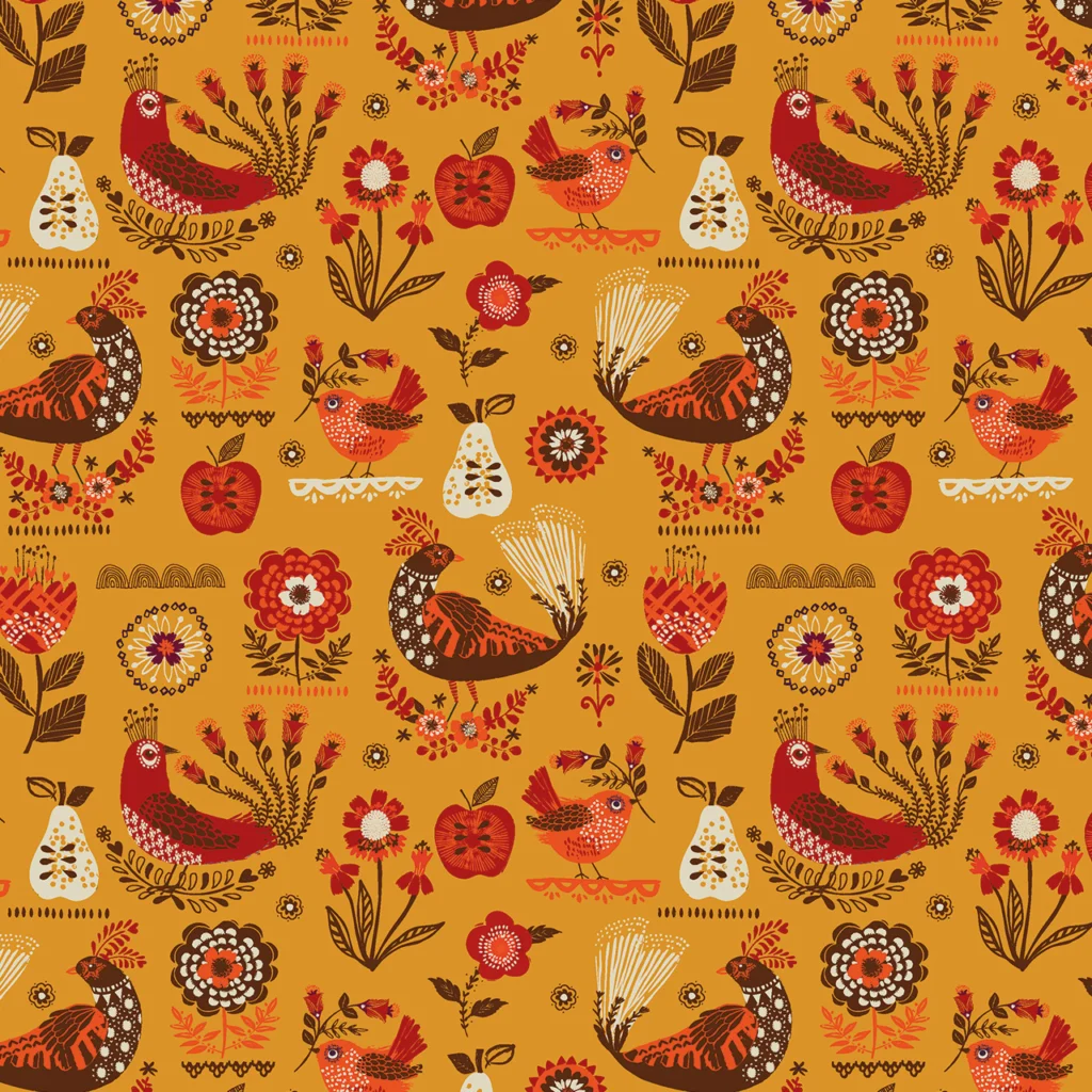 Colorful floral and bird pattern on warm yellow background