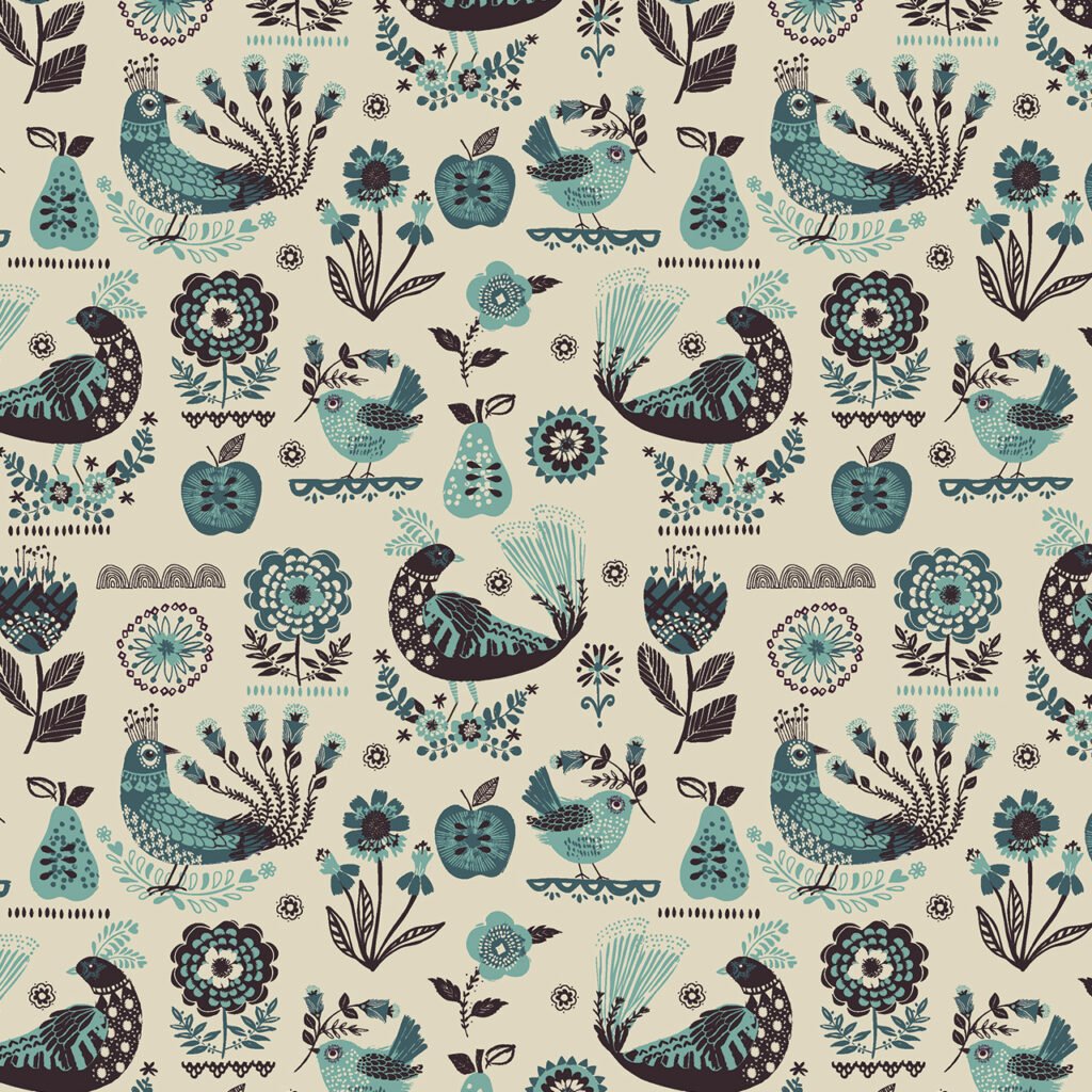 Colorful floral and bird pattern on a light background