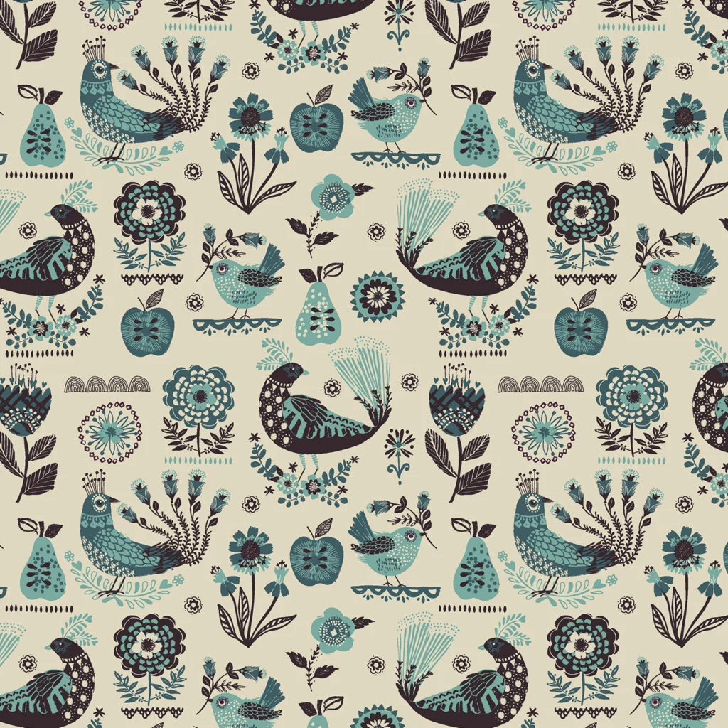 Colorful floral and bird pattern on a light background