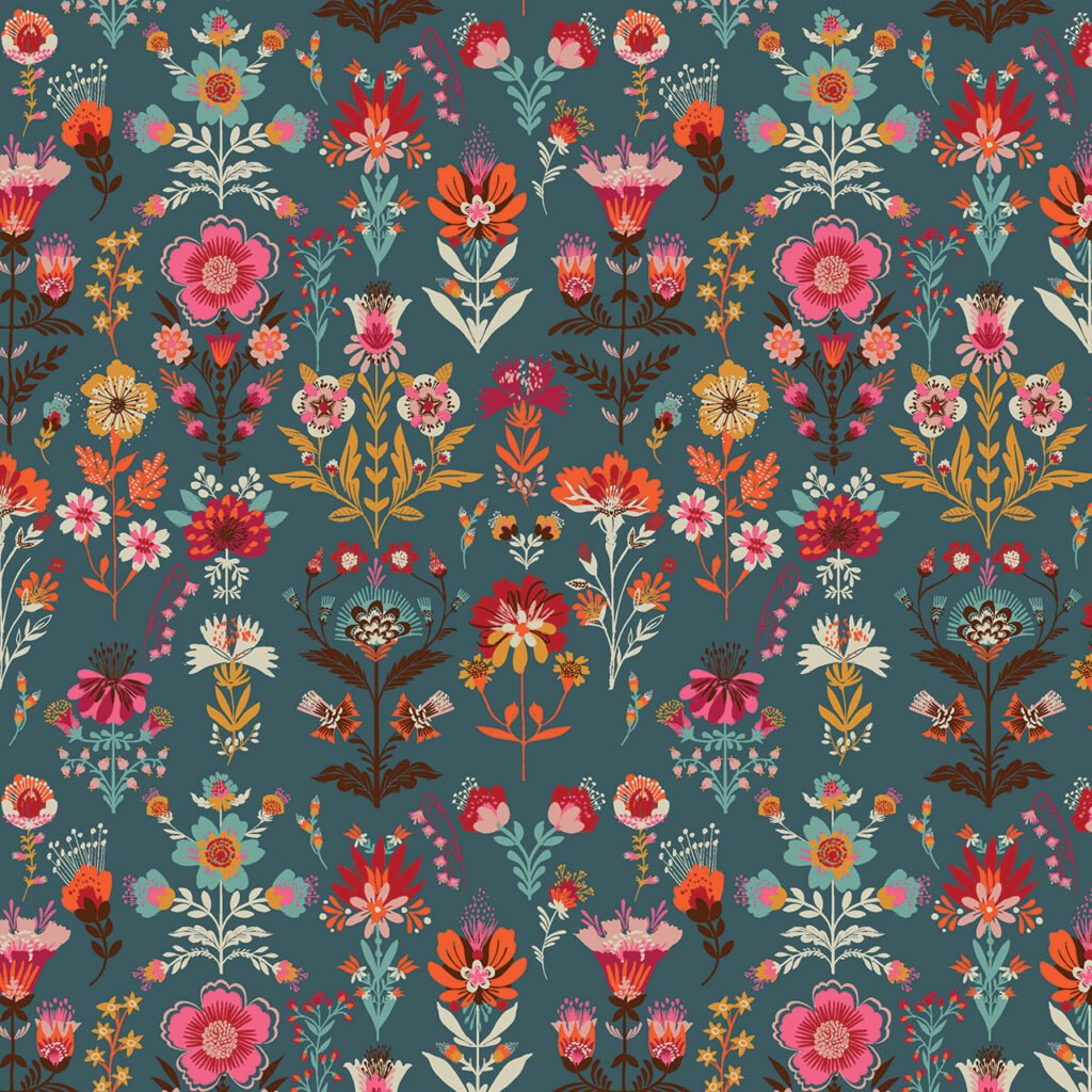 Colorful floral pattern on a dark background.