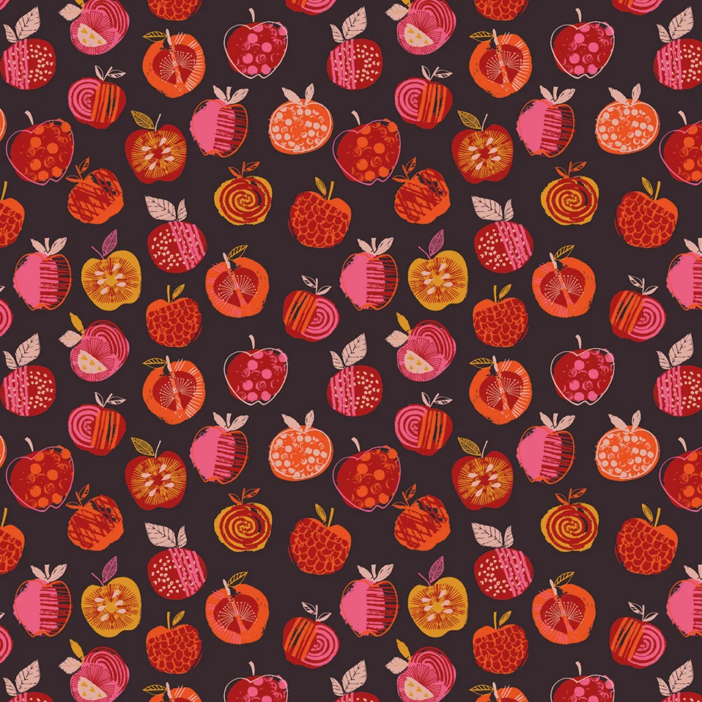 Colorful apple and berry pattern on a dark background