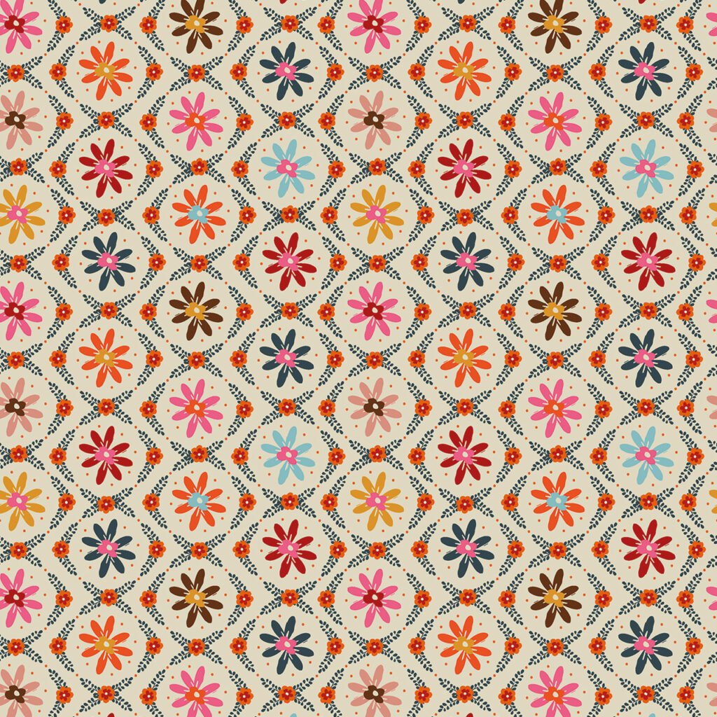 Colorful floral pattern with diamonds and intricate designs.