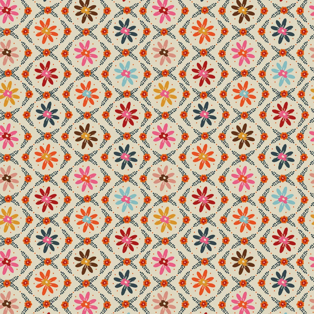 Colorful floral pattern with diamonds and intricate designs.