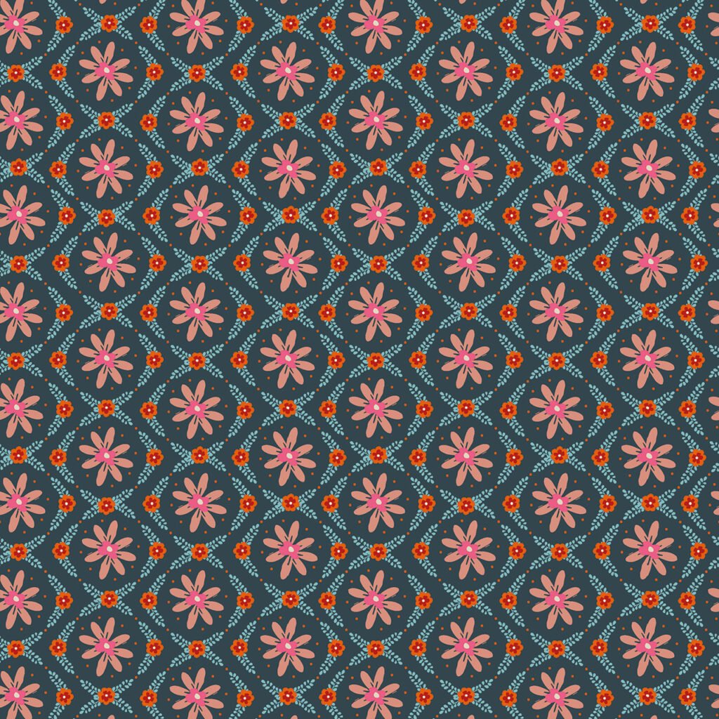 Colorful floral pattern on a dark blue background.