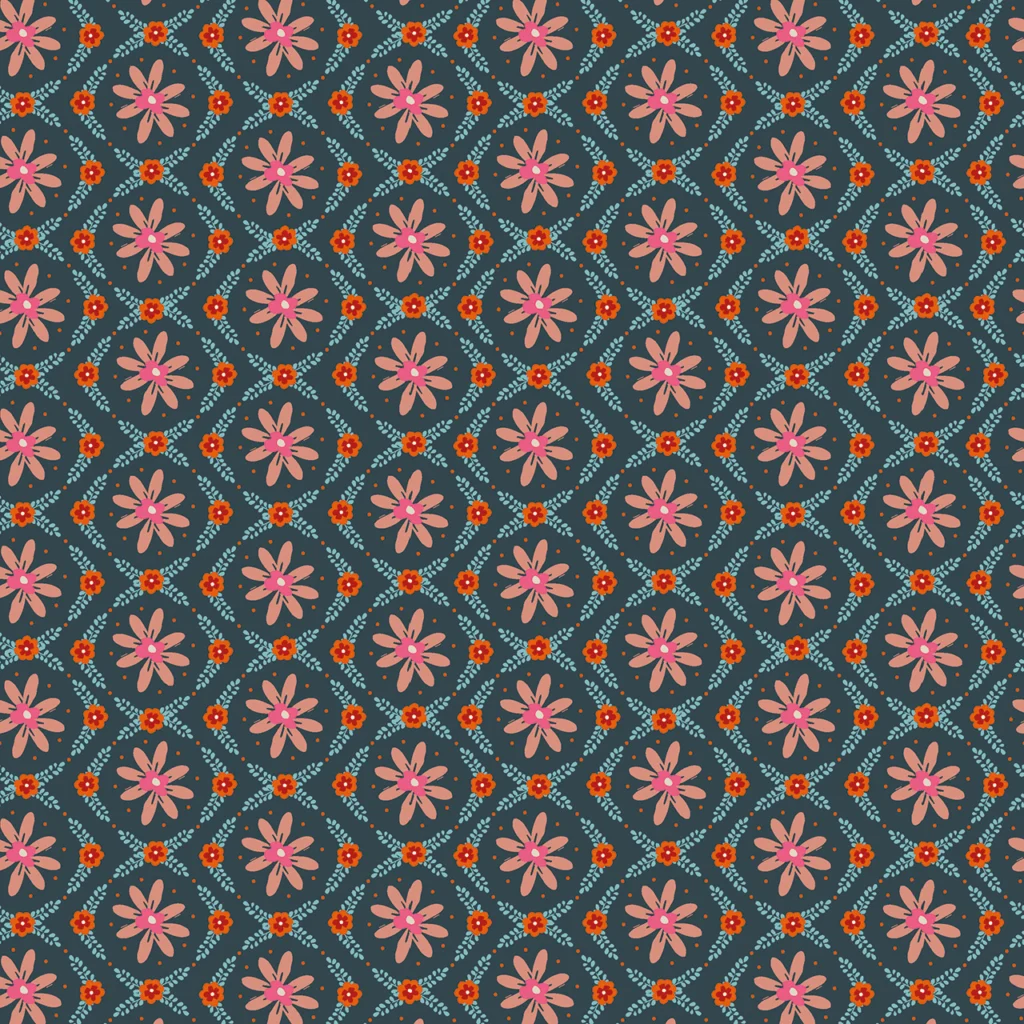 Colorful floral pattern on a dark blue background.