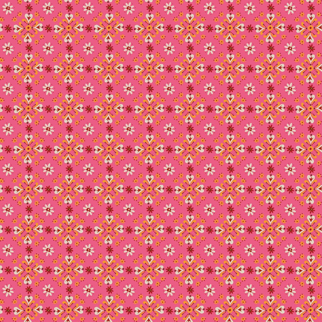 Colorful floral pattern with hearts on a pink background