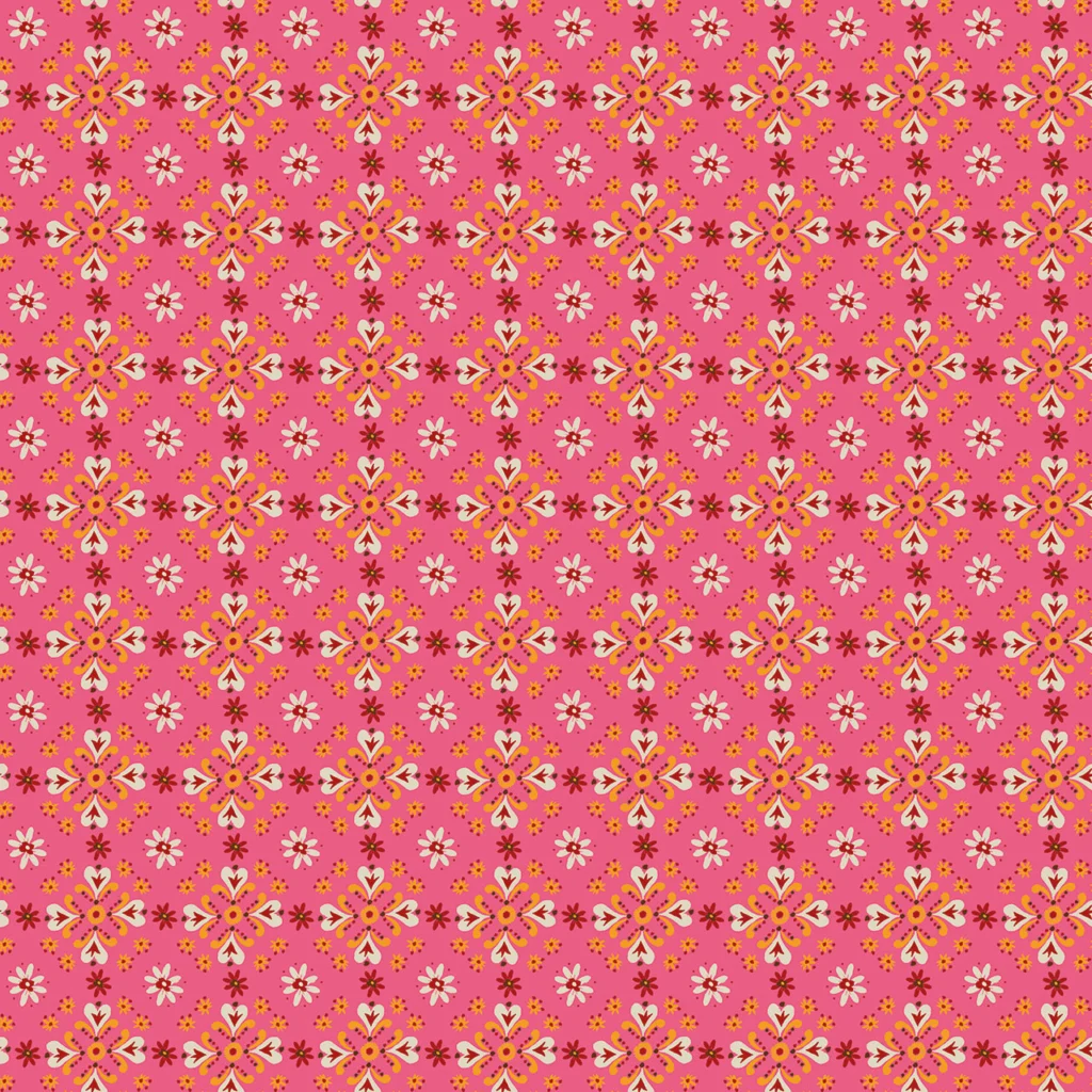 Colorful floral pattern with hearts on a pink background