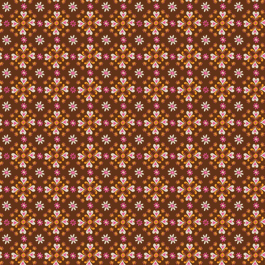Colorful floral pattern on a brown background.