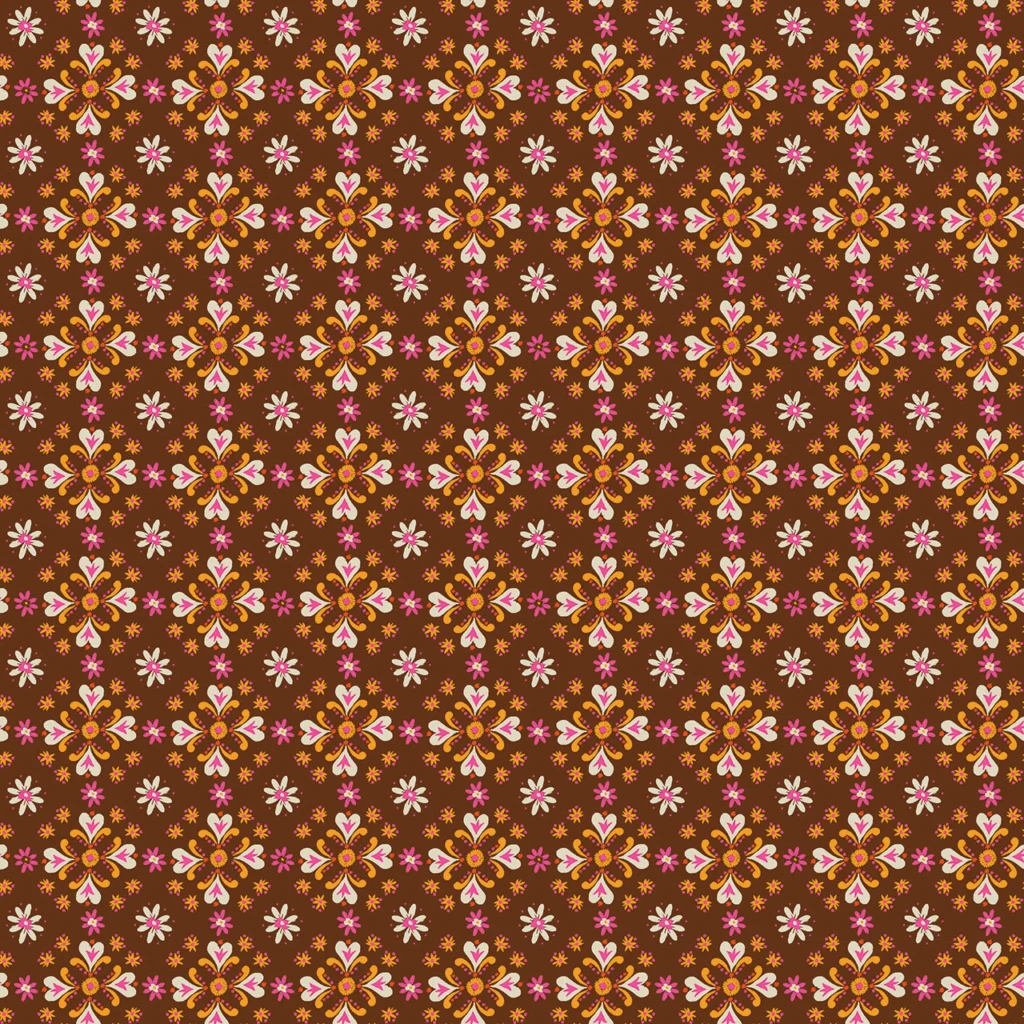 Colorful floral pattern on a brown background.