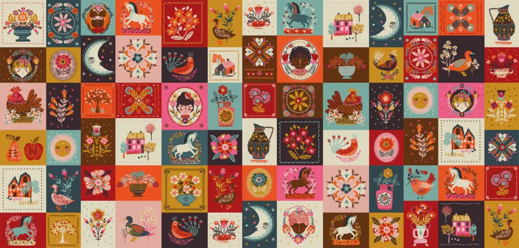 Colorful patterned collage with flowers, animals, and whimsical designs