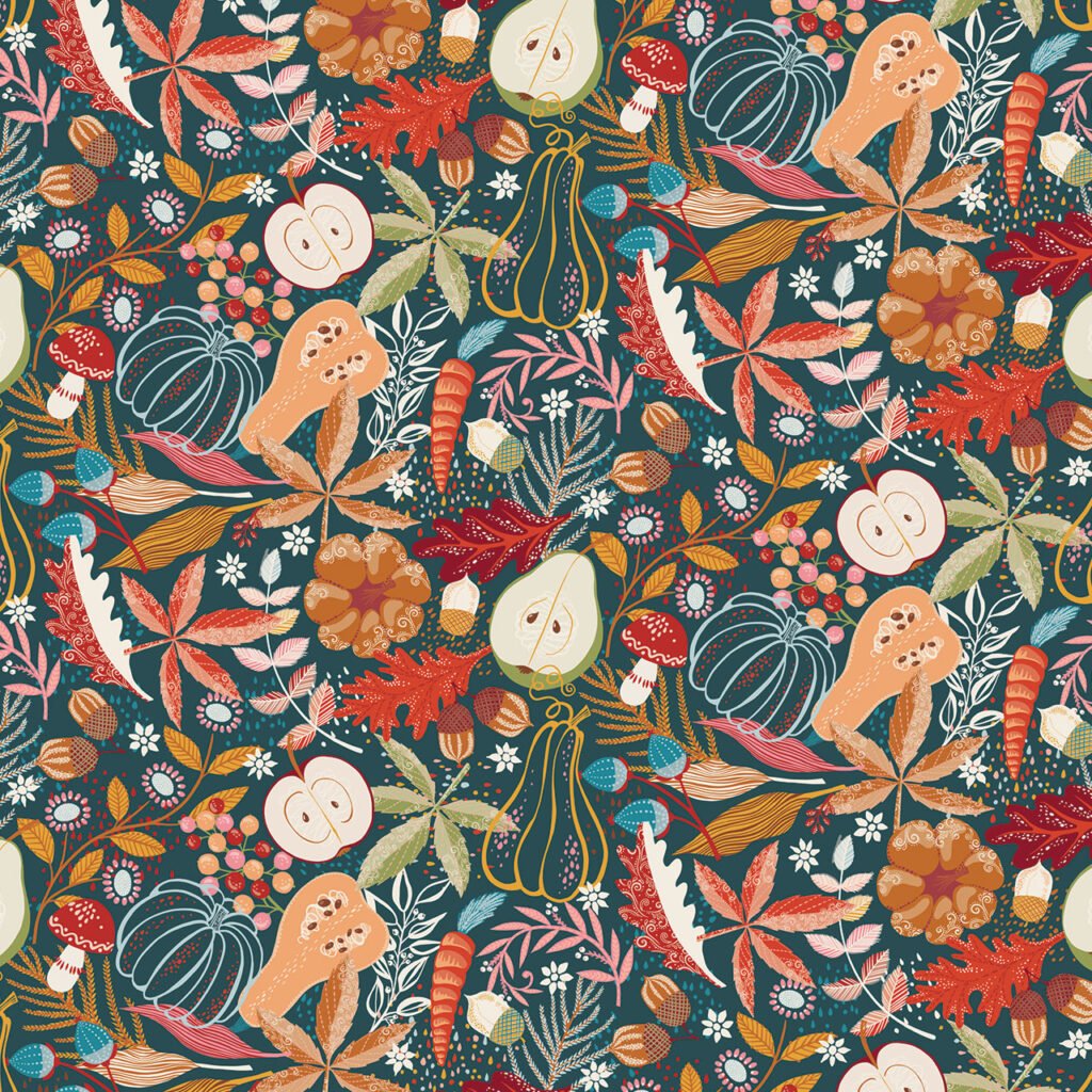 Colorful botanical pattern featuring various leaves, fruits, and mushrooms in warm tones of orange, red, and green against a dark blue background.